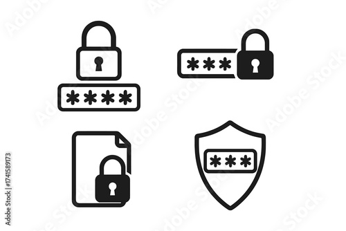Password security vector icon set with lock and pin code symbols for data protection and secure file access, safety concept, privacy shield, digital security illustration