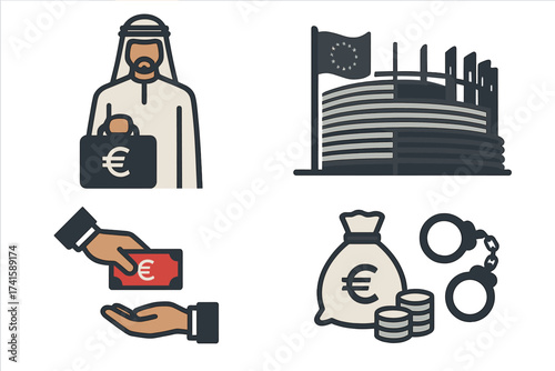 Qatargate political scandal vector illustration. Corruption in European Parliament with Qatar bribery, money laundering, organized crime, handcuffs, cash and euro currency symbols.