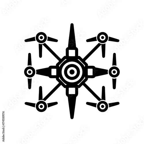 Illustration of a drone with six rotors on transparent background silhouette