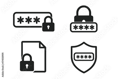 Password security icon set with lock symbols, pin code protection, secured file and shield, vector illustration for digital safety and data privacy concepts