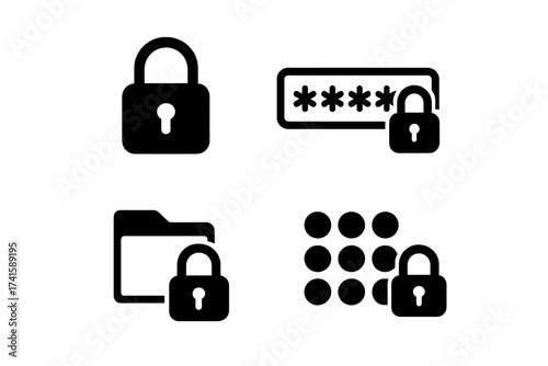 Password security icons vector set. Lock and pin code symbols for data protection, safety, secured folder access, secure login illustration, cybersecurity concept vector.
