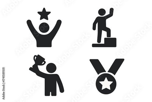 Planning strategy process icons set. Step-by-step achievement concept vector illustration with success symbols, trophy, medal, star reward. Business growth and leadership icons.