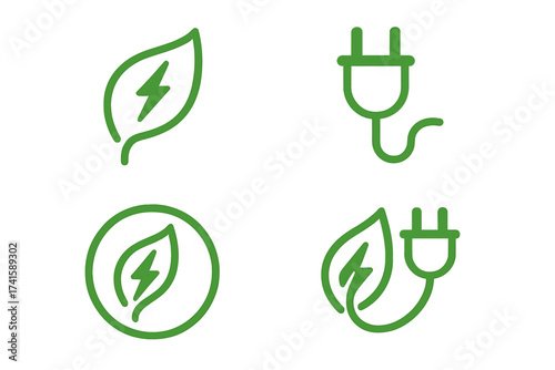 Renewable green energy power icons, sustainable electricity symbols, eco-friendly electrical charge leaf, electric plug sign illustration, environmental energy saving set