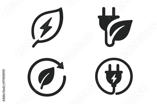 Renewable green energy icons set with electrical charge leaf, power plug and sustainability symbols, eco-friendly energy saving concept, vector illustration