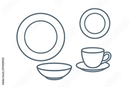 Vector illustration of clean plate, dishes, cup, and saucer set on white isolated background, tableware concept with transparent background, kitchen and dining utensils collection, ordered set design