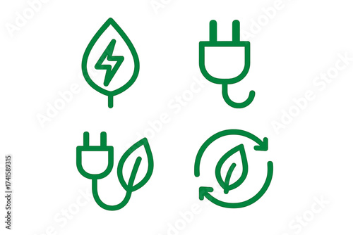 Renewable green energy icons set with leaf and electrical plug symbols, sustainable power concept, eco-friendly energy saving, electric charge, and recycling vector illustration