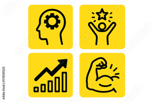 Personal development and business growth icon set. Motivation, success, strength, and mindset symbols. Vector illustration for achievement, progress, and ambition concepts.