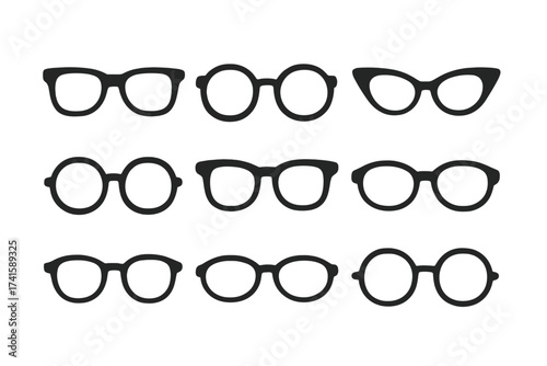 Retro glasses icon collection. Vintage eyeglasses silhouettes vector set. Classic frame shapes, round, square, cat-eye glasses. Eyewear symbols with transparent background for design projects.