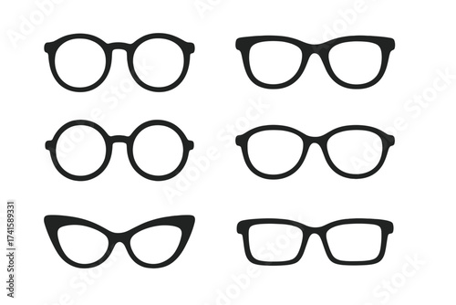 Retro glasses icon collection, eyeglasses vector illustration, black silhouette frame set, hipster vintage eyewear shapes, transparent background, optical accessory elements