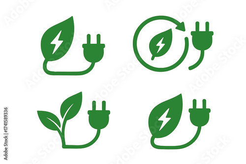 Renewable green energy icons with electrical charge leaf and power plug, sustainable eco concept, energy saving, nature power, electric plant vector illustration set