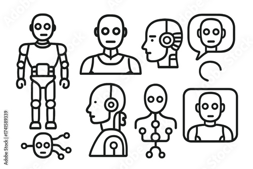 Robot and Cyborg Icon Set, Humanoid Robotic Vector Illustrations, Artificial Intelligence Concepts, Technology and AI Symbols with Transparent Background, AI and Automation Icons