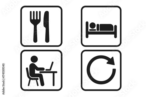 Daily routine icons vector with eat, sleep, work, and repeat symbols for lifestyle concept, productivity cycle, lifestyle habits, everyday life rhythm illustration