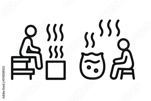 Sauna with Dry Heat and Hot Steam Room Icons, Boiling Water Relaxation Symbols, Wellness and Spa Vector Illustration, Heating and Therapy Concept