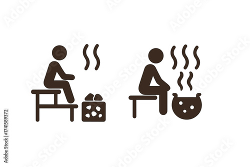 Sauna relaxation icons with dry heat sauna and hot steam room boiling water steam vector illustration set for wellness and spa concept