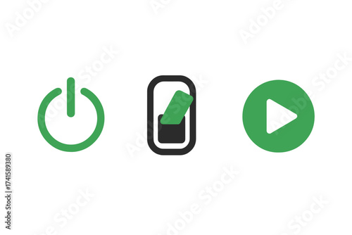 Green power button, turn on switch, start icon vector set with transparent background, modern user interface design elements for technology and electronics