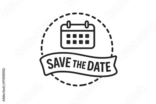 Save the Date Sticker with Calendar Icon, Event Reminder Vector Illustration, Transparent Background, Decorative Ribbon Banner, Invitation and Announcement Design