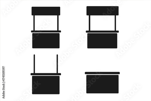 Promo stand booth counter service icon set vector illustration. Simple service kiosk booth with transparent background. Retail stall counter shop display, marketplace seller vector design.