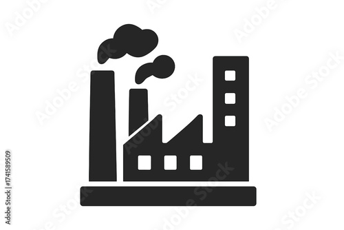 Factory plant industry icon. Vector illustration. Industrial building for manufacturing and production. Power energy station. Smokestack with smoke. Concept of air pollution.
