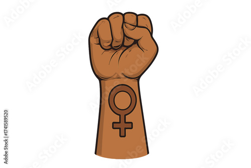 Raised female fist with gender symbol. Woman power, girl power. Symbol of protest, freedom, liberty, activism. Feminism and equality concept. Women's rights movement. Vector.