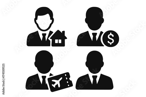 Businessman icons set with real estate agent house symbol, financial broker money sign, flight ticket travel agency ticket illustration, professional business concept vector graphics