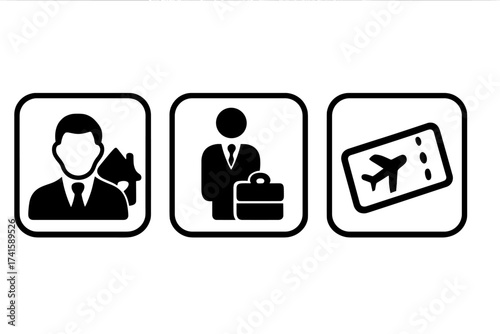 Real estate agent icon with broker and business professional symbols, flight ticket agency icon vector illustration, transparent background, set of business and travel concepts
