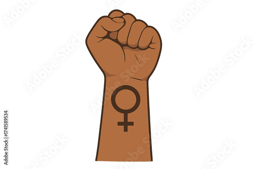 Raised fist with female gender symbol. Woman power, feminism protest. Vector of black woman's hand. Women's rights, equality, empowerment, freedom, liberty concept illustration.