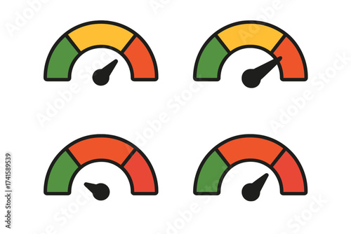 Stress level gauge icon vector illustration set with transparent background, colorful meter indicators, green yellow red zones, performance and anxiety measurement, dynamic dashboard design