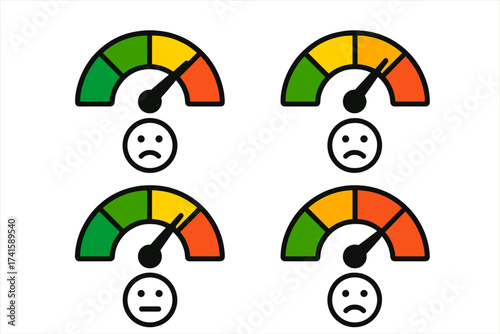 Stress level gauge icons set with transparent background, vector illustration of ordered mood meters showing varying stress intensity and emotional states