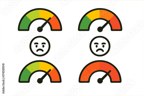 Stress Level Gauge Icon Vector Illustration Set with Sad Face Emoji, Colorful Meter Indicator, Transparent Background, Measuring Emotional and Mental Pressure Scale