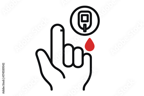 Diabetes glucose test vector icon. Finger with blood drop and glucometer symbol. Medical illustration for blood sugar analysis, patient health care, and insulin monitoring.