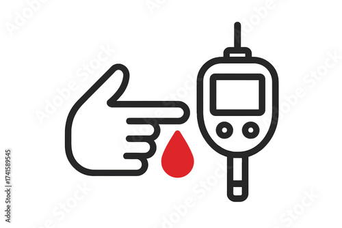 Diabetes test icon. Blood sugar monitoring concept. Finger prick, blood drop, glucometer. Medical analysis for diabetic patient. Health care vector symbol, glucose check.