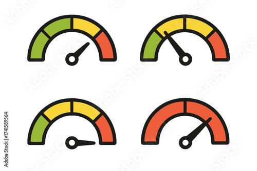 Stress level gauge icon vector illustration set with transparent background, meter dial indicators showing low to high stress, colored green yellow red, stress control concept