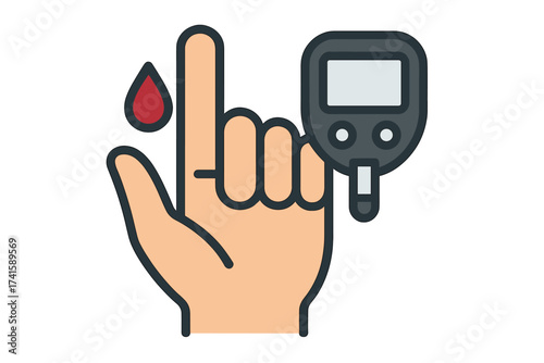 Diabetes blood sugar test icon with glucometer. Finger prick with blood drop for glucose level measurement. Medical analysis vector illustration for diabetic care and health monitoring.