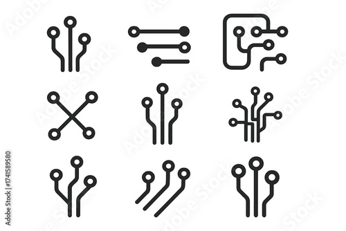 Technology icon collection, circuit board symbols, cyber technology concept, digital electronic circuits, technology vector illustration set, transparent background icons, modern tech design