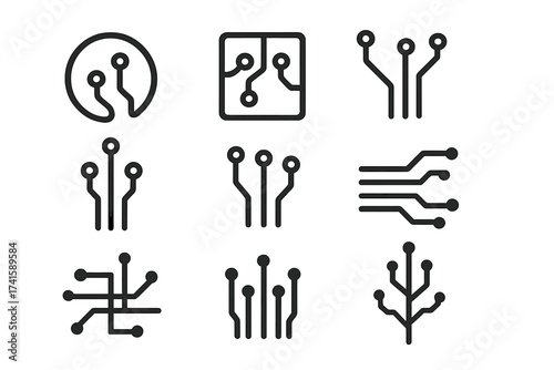 Technology Icon Collection Illustrations, Circuit Board and Cyber Technology Concept Vector Set, Transparent Background, Modern Electronic Circuit Symbols for Tech Design