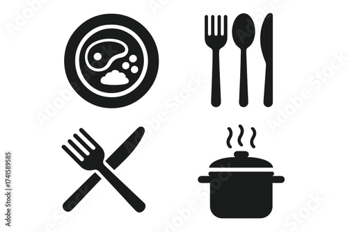 Restaurant icon set with meal plate, fork, knife, spoon, and steaming cooking pot. Vector illustration collection for food service, dining utensils, and kitchen cooking design, transparent background.