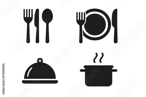 Restaurant icon collection vector set featuring meal plate, fork, knife, spoon, cooking utensils, food service symbols, transparent background, ordered meal and kitchen tools icons