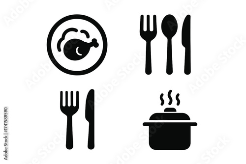 Restaurant icon collection with meal plate, fork, knife, spoon, and steaming cooking pot symbols, vector illustration set for food service, dining, and kitchen concepts