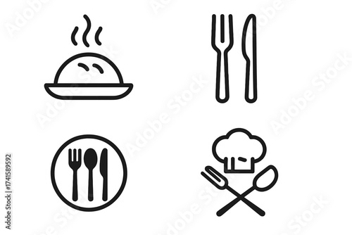 Restaurant icon set with steaming meal plate, fork, knife, spoon cutlery, chef hat with cooking utensils, food service vector illustration with transparent background, ordered collection