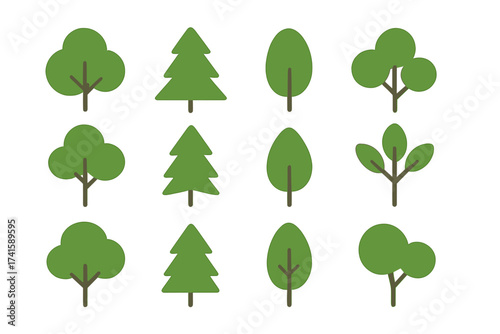Vector Tree Icon Set, Flat Forest Illustration Collection with Transparent Background, Simplified Green Tree Designs, Nature Plant Symbols, Vector Graphics for Design