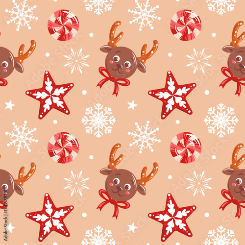 A festive chocolate candy shaped like a reindeer face with pretzel antlers, surrounded by snowflakes and lollipops. This seamless pattern is a charming and playful choice for holiday branding.