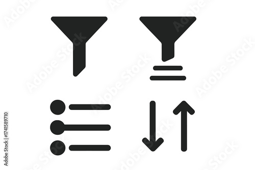 Funnel filter and sorting icon set for data organization. Vector symbols for user interface design. Includes list, order, ascending and descending sort arrows. Data flow.