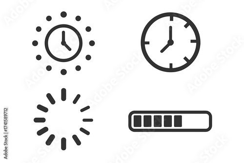 Waiting icons vector set, time delay symbols collection with loading progress, wait time clocks, buffering indicators, abstract pause concept, transparent background