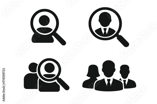 Search People Icon Set. Employee Search Vector Illustration. Group and Individual User Silhouettes with Magnifying Glass. Transparent Background, Professional, HR Recruitment, Team Selection Concept