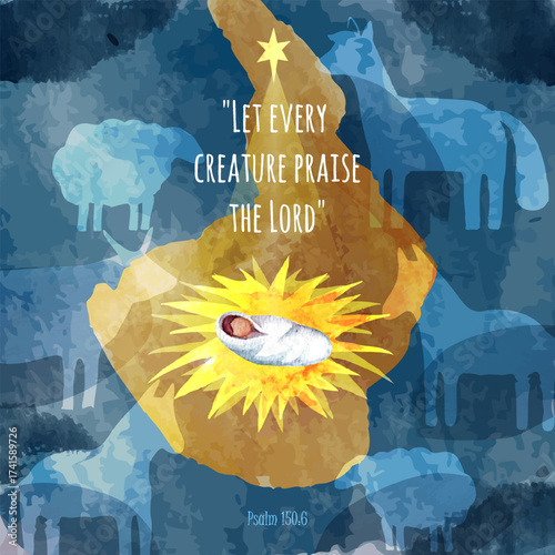 Watercolor vector nativity illustration with baby Jesus in the manger, shining star, animals, and Bible verse. Perfect for Christian Christmas cards, holiday design, and religious art.