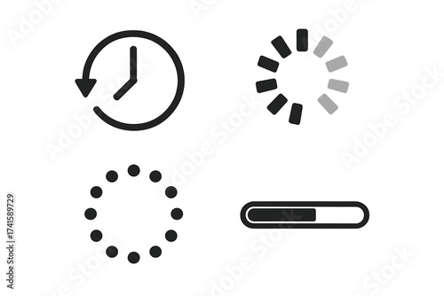 Waiting icon vector set, loading symbols collection, wait time indicators, progress and buffering signs, minimalistic clock and loading circle, transparent background, ordered set