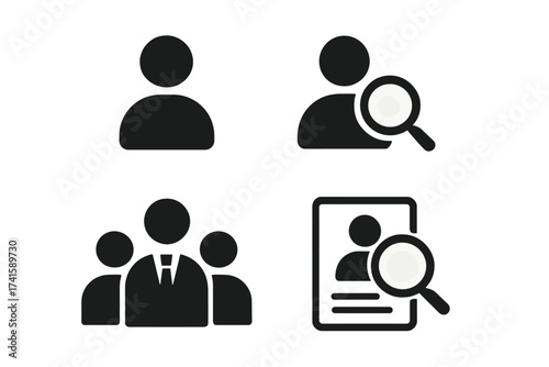 Search People Icon Set. Employee Search and Group Vector Illustration. Business User Profile, Candidate Search Symbol, Transparent Background, Modern Workforce Concept