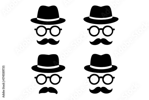 Gentleman face icon set with hat, glasses, and mustache. Vector silhouette collection for retro, hipster, or detective concepts. Anonymous man character disguise kit illustration.
