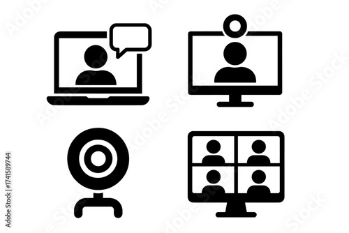 Webinar and Video Conference Icon Set, Black Silhouettes of Online Meeting Symbols including Laptop Chat, Desktop Webcam, and Group Video Call, Isolated on White Transparent Background