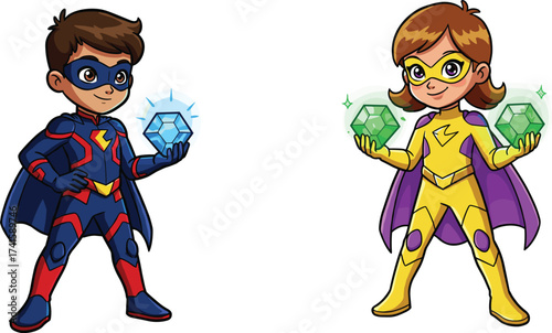 cartoon superhero kids, superhero glowing gems, superhero lightning emblem, boy gem superhero, girl gem protector, superhero action artwork, superhero character design, superhero kids illustration, 